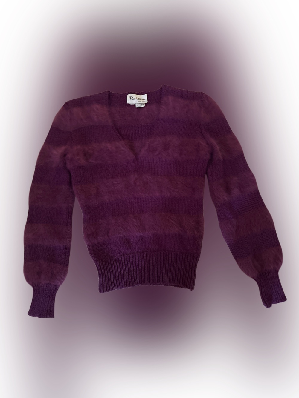 Vintage Purple Striped V‑Neck Fuzzy Sweater